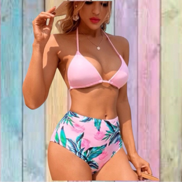 Other - Pink Tropical Print High Waist Micro Triangle Lined Bikini